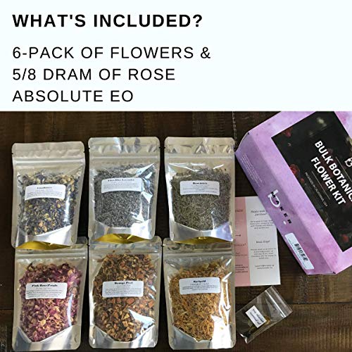 bMAKER Bulk Flower Kit - Lavender, Pink Rose Petals, Calendula Petals, Rosemary, Orange Peel and Cornflower Whole with 5/8 Rose Absolute Essential Oil