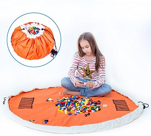 Play Mat Bag 2 in 1 – Durable100% Cotton Canvas 60inch (Orange) Large Play Mat and Storage Bag Drawstring for Lego/Magnetic Building/Blocks Convenient Fast Neat Portable