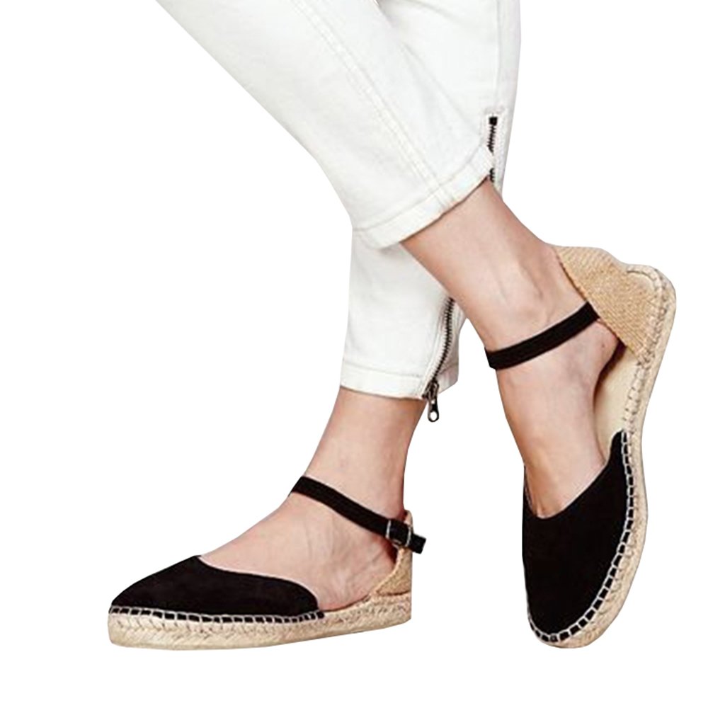 Women’s Espadrilles Flats Ankle Strap Closed Toe Canvas Slip on Dress Sandals Shoes