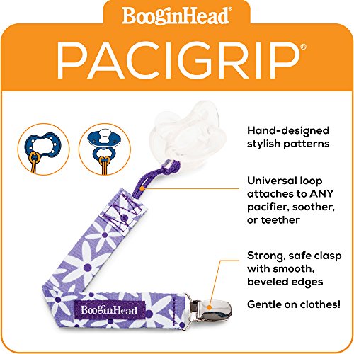 BooginHead Baby Newborn PaciGrip Pacifier Clip, Holder, Toy, Teether, Soothie, Universal Loop Girl, Purple Daisy,  Floral, Flowers, Purple and White