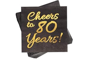 80th Birthday Decorations for Men Women Party Supplies Cocktail Napkins Black 50 Pack,5"x 5" Folded,Cheers to 80 Years! (80)