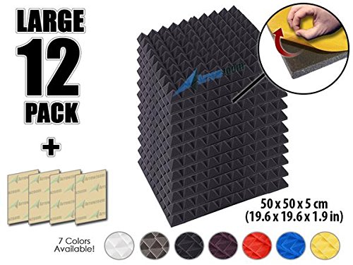 Arrowzoom New 12 Pack of 19.6" X 19.6" X 1.9" Inches Soundproofing Insulation Pyramid Self Adhesive Acoustic Foam Wall Padding Studio Foam Tiles AZ1053 (BLACK)