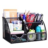 VANRA Office Supply Caddy Mesh Desk Organizer School Supply Holder 6 Compartments with Drawer (Black)