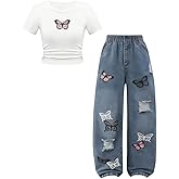 Azmxynol Tween Girl Clothes Short Sleeve Top + Butterfly Design Jeans 2 Pieces Spring Summer Outfit Set, Size 6-12 Years