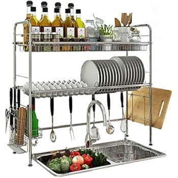 2 Tier Stainless Steel Dish Drying Rack with Skidproof Rubber Feet for Kitchen Counter Adjustable Kitchenware Organizer And Space Saving Uensil Holder Dish Rack Over Sink