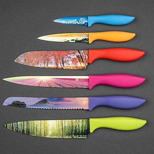 Landscape Kitchen Knife Set in Gift Box - Unique Gifts For Her and For Him - 6-Piece Colored Sharp Chef Knives Set - Christmas, Wedding and Graduation Present Idea - Cuchillos de Cocina para Regalo