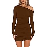 YOXUA Women's Elegant Sexy Off Shoulder Dress Long Sleeve Bodycon Ruched Formal Cocktail Party Mini Dresses