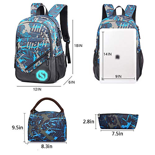 Anime Luminous Backpack, Teens Boys School Backpack Bookbag with Lunch Bag and Pencil Case Laptop Bag for 14" Laptop Travel Daypack Student Rucksack Shoulder Bag