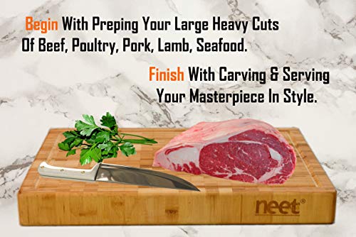 Extra Large Bamboo Butcher Chopping Block By Neet - Ultra Thick Heavy & Solid Cutting Board (18"x 13" x 2" Inch) Organic Anti-Bacterial Great For Wooden Serving Trays & Cheese Platters w/Handles