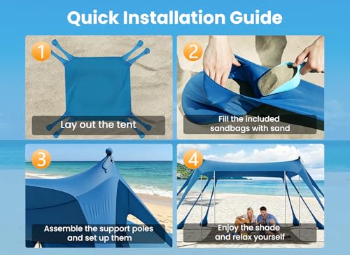 Beach Tent, UPF 50+ Sun Shelter with 8 Sandbags, Sand Shovels, Ground Pegs & Stability Poles – Portable Shade Canopy for Camping, Fishing, Backyard Fun, or Picnics (Navy Blue)