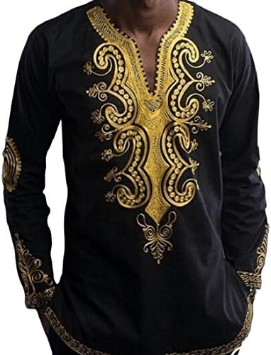 Honey GD Men's Floral Printed 3/4 Sleeve African Dashiki V Neck Tees Top Black XXL
