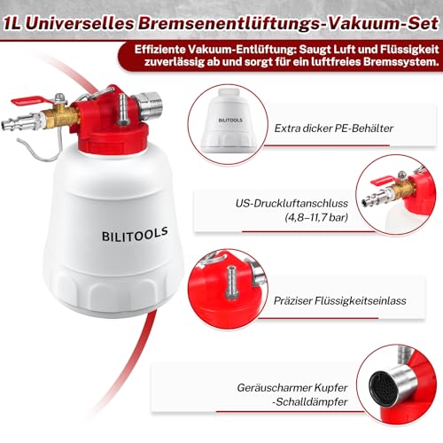 BILITOOLS 1L Universal Brake Bleeding Device Motorcycle & Car - Compressed Air Vacuum Brake Fluid Changer - Professional Brake Bleeding Set Including 4 Adapters