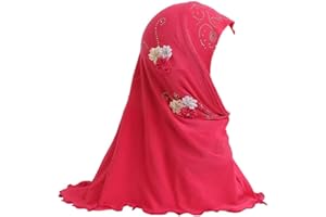 JDYaoYing Girls Long Muslim Hijab with Flowers Arab Scarf Islamic One Piece Head Scarf for 2-6 Years Kids