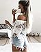 Hibluco Women's Fashion Off Shoulder Tops Sexy Floral Striped Printed Crop Tops Summer Tie Knot T-Shirt White