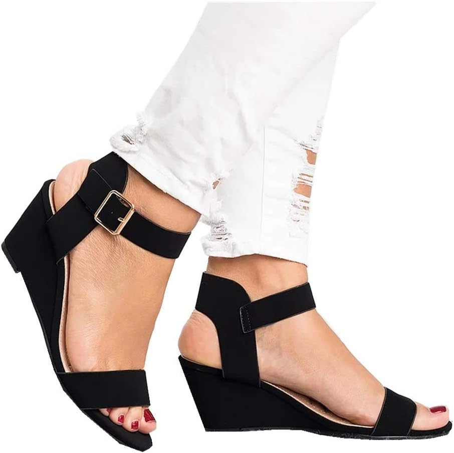 Women's Summer Ankle Strap Buckle Low Wedge Platform Heel Sandals Fashion Design Pump Shoes (US:8, Black)