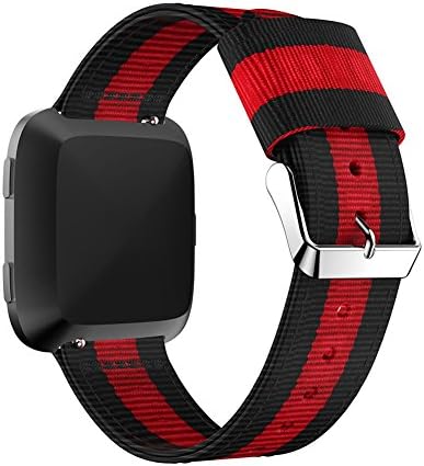 Geekercity for Fitbit Versa Bands, Woven Nylon Replacement Bracelet Sport Stripe Strap Adjustable Wristbands for Fitbit Versa Fitness Smart Watch (Black & Red & Black)