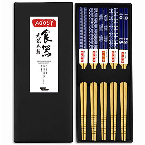 Chopsticks Bamboo,Chop Sticks, AOOSY 5 Pairs Japanese Style Bamboo Chop Sticks Natural Reusable Classic Style Chopstick for Home Eating Travel Camping