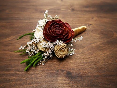 Burgundy Cedar Rose Boutonniere with Greenery and Gold