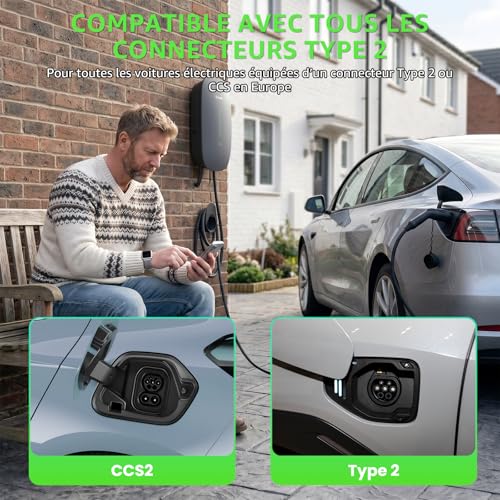 GONEO Electric Vehicle Charging Station 11kW with APP, 7M Cable Type 2 (16A, 400V,) RFID, IK10, IP65, EV Wallbox 11kW with RCD Type A 30mA AC + 6mA DC, for BEV/PHEV