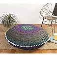 Popular Handicrafts Floor Pillow Cushion Cover - Large Round Hippie Printed Pouf Shams- Meditation Seating Ottoman Throw Cover Decorative Bohemian Pom Pom, 32" Blue Multicolor