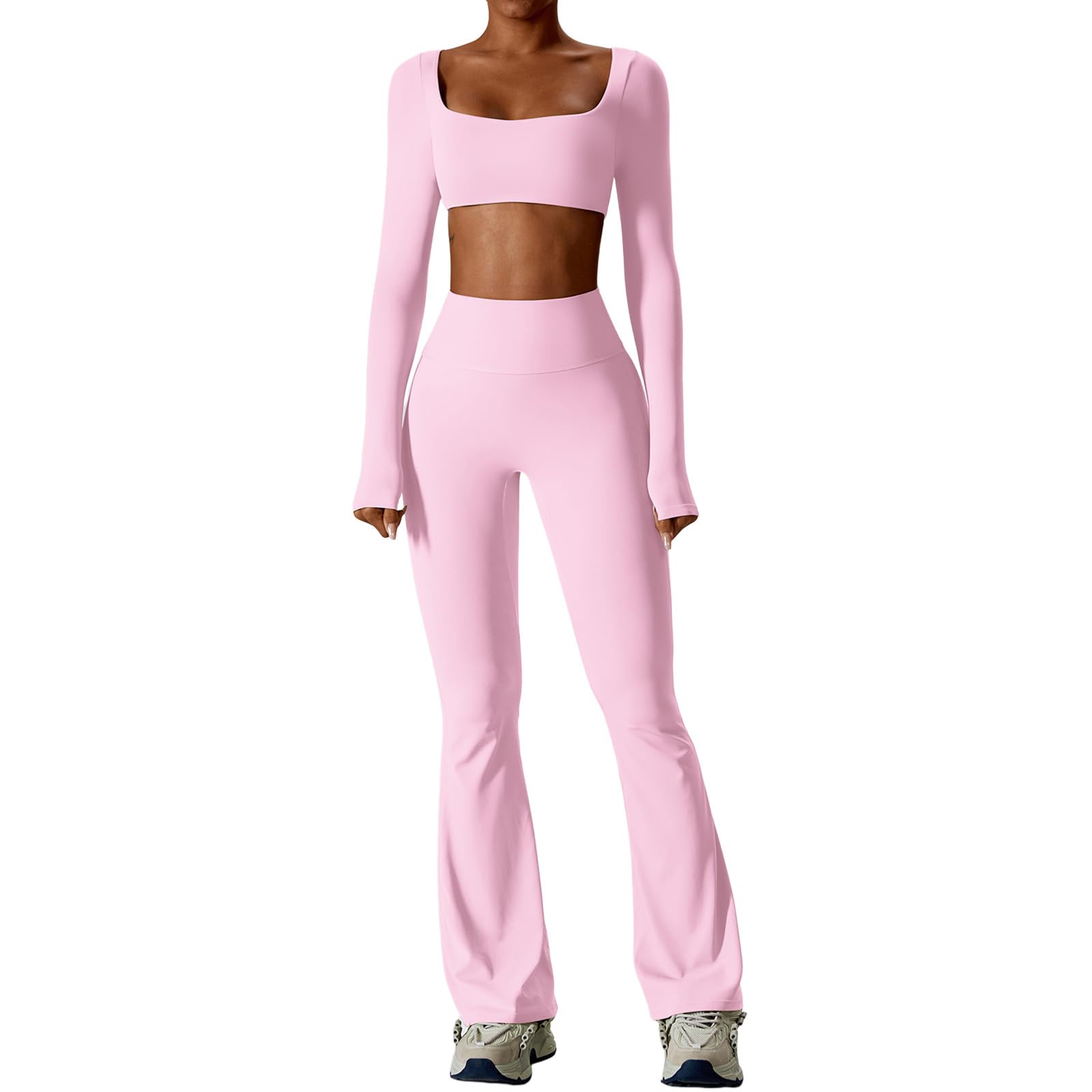 Photo 1 of ABOCIW Workout Sets for Women Square Neck Long Sleeve Crop Top Scrunch Butt Lifting High Waist Flare Leggings 2 Piece Gym Yoga Outfits Y-Pink Medium
