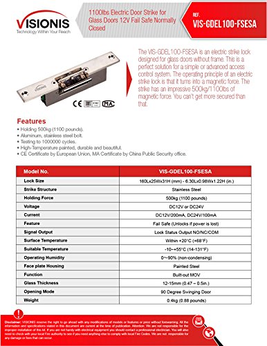 image for Visionis VIS-GDEL100-FSESA 1,100lbs Electric Door Strike for Glass Doo