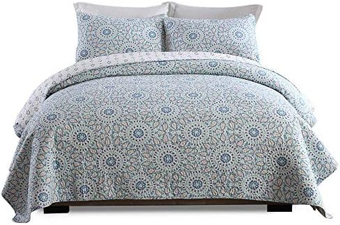 Cozyholy 3-Pieces Quilts Set Royal Geometric Pattern Design Pathwork Quilted Bedspreads 100% Cotton Bed Cover (Light Blue Royal Geometric Pattern, Queen)