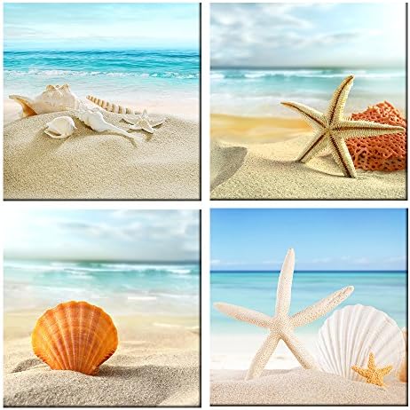The Melody Art - 4pcs Modern Decor Seascape Giclee Prints Stretched and Framed Artwork Starfish and Seashells on the Beach Pictures to Photo Paintings on Canvas Wall Art for Home Decorations