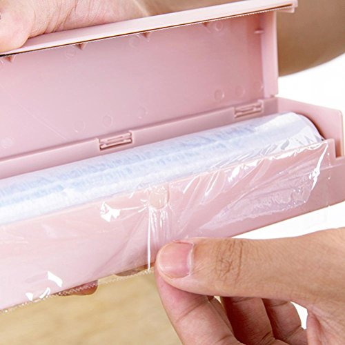 Voberry Food Wrap Dispenser, Foil and Cling Film Cutter Plastic Storage Holder Kitchen Accessories (Pink)