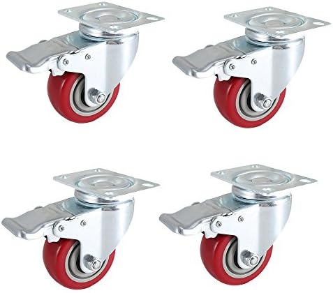 DICASAL 3 Inch Swivel Casters with Brakes, Heavy Duty Plate Casters No-Marking Quiet Red PU Castor Load Upto 1200 Lbs Pack of 4.