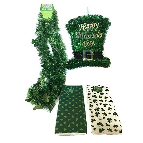 St. Patrick's Day Door Decorations and Dish Towel Set Incudes: Garland, Hat, 2 Dish Towels