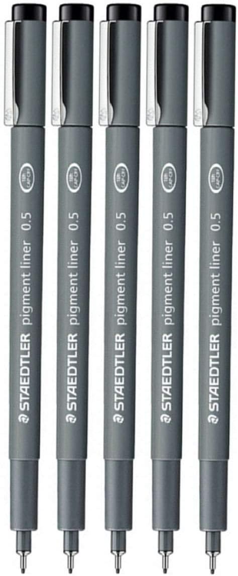 Staedtler 0.5 mm Pigment Liner Fineliner Sketching Drawing Drafting Pens Pack of 5, black, 1 count (Pack of 5)