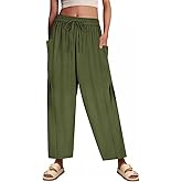 CARCOS Plus Size Pants Womens Summer Palazzo Pants Drawstring Wide Leg Harem Beach Pant with Pockets Vacation Outfits XL-5XL