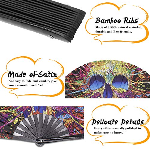 SYNTECSO Folding Hand Fan for Rave, Large Bamboo Fan for Women and Men Gift，Chinese Japanese Clack Fan for Parties, Music Festivals, Drag Race and Decoration (Sugar Skull) - Thumbnail 3
