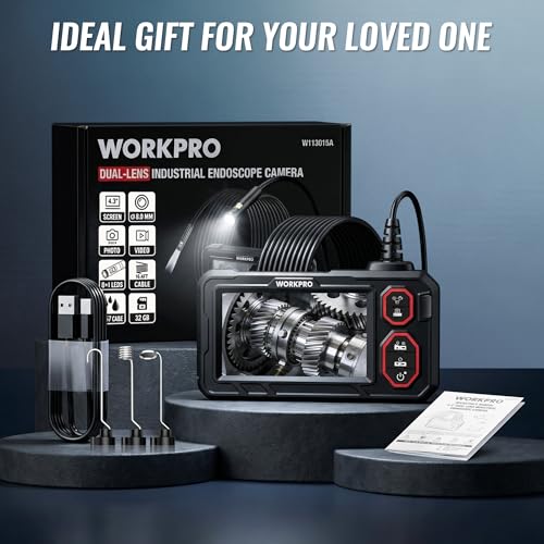 WORKPRO Cámara Endoscópica 1080P HD, Pantalla IPS 4,3", Boroscopio Digital Industrial con Tarjeta TF 32 GB, 8+1 LEDs, Cable Semirrígido 5M, IP67 para Inspección de Tuberías y Automóvil