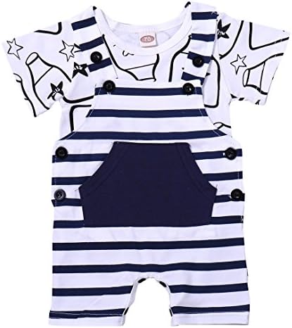 xiaoming Baby Infant Organic Cotton Striped Milk Cute Bib 2-Piece Short Dungaree and T-Shirt Overalls Set 6-12 M, Blue/White