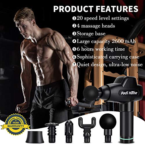 Padi Home Massagepistole, Massagegerät für Tiefengewebsmassage, Handmassagegerät mit 4 Massageköpfen und 20 Verschiedene Intensitätsstufen, Ruhiges Design, Schwarz