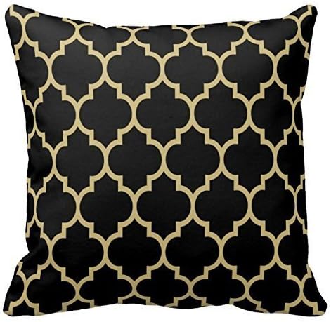 JTArtStore Chevron Pattern - Black and Gold Moroccan Quatrefoil 18 X 18 Inch Square Decorative Pillows Cotton Linen Cushion Cover Best Pillow Cases one side