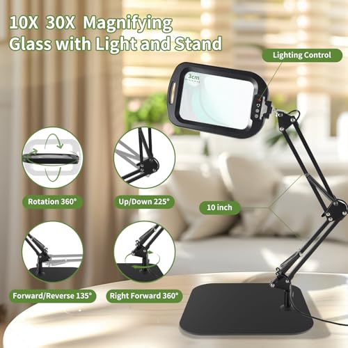 GABORISH Table Magnifier with Light and Stand, Rectangular Magnifying Lamp with 60 LEDs, 5 Colour Modes and Dimmable, Hands-Free Standing Magnifier with Light, 2-in-1 Magnifying Lamp with Clamp and Base for Reading Closework
