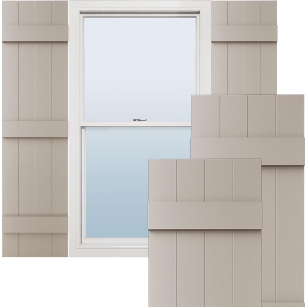 Photo 1 of 14"W x 59"H Lifetime Vinyl, Standard Four Board Joined, Board-n-Batten Shutters, w/Installation Shutter-Lok's & Matching Screws (Per Pair), Clay