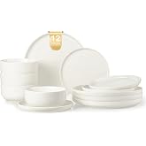 EWFEN Plates and Bowls Sets, 12 Pieces Ceramic Dinnerware Set for 4, Stoneware Dishware Dishes Set, Scratch Resistant Dishes Set, Dishwasher &amp; Microwave Safe, White