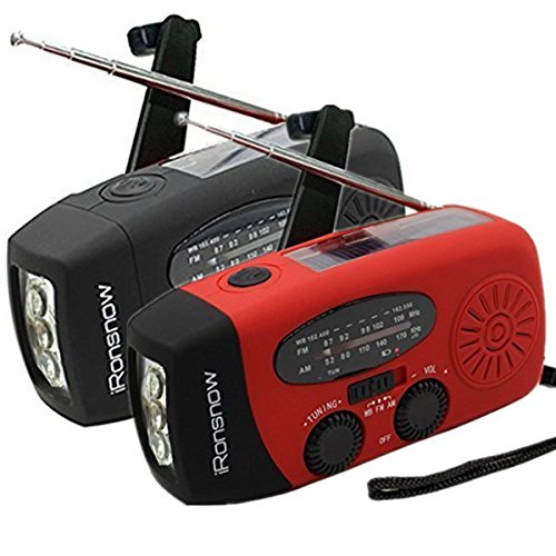 [ 2-PACK ] iRonsnow IS-088 Dynamo Emergency Solar Hand Crank Self Powered AM/FM/NOAA Weather Radio, LED Flashlight, Smart Phone Charger Power Bank with Cables (Red&Black)
