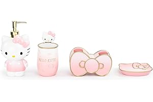 Jay Franco Hello Kitty Organizer Set - 4 Piece Pink Accessories Includes Resin Tumbler, Soap Dispenser, Soap Dish and Toothbrush Holder - Bathroom Décor