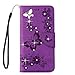iPhone 6S Funda, iPhone 6S Funda de piel, arsue PU Flip Folio Funda tipo portafolios con ranuras para tarjetas de Flores y mariposas con función atril para iPhone 6/6S, Purple/Bling