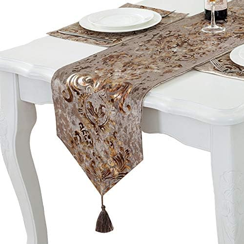 PHNAM Floral Suede Table Runner and 4 Pieces Placemats Beige Set with Pendant Tassel 13x120 Inches Modern Jacquard Elegant Classic for Kitchen Coffee Dining Home Décor Multi-Size
