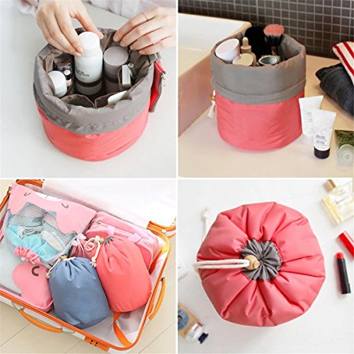 HJSMing Bathroom Folding Bag Travel Barrel Toiletry Bag Large Capacity Storage Organizer Travel Waterproof Portable Cosmetic Bag Bucket Makeup Bag with Pouch (Red)