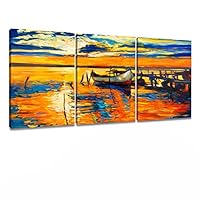 Donglin Art- The Golden Sailboat, Modern Abstract Seascape Oil Paintings Giclee Canvas Prints, Seascape Pictures Wall Art for Home Decorations, 1216inch /3040 cm3panels