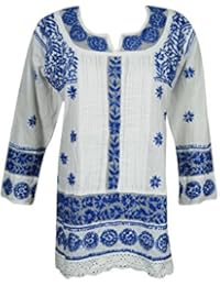 Mogul Womens Festive Tunic Dress Blue Hand Embroidered Chikankari Top Blouse Shirt