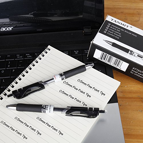 Tanmit Gel Pens Retractable Black Ink Rollerball Pens, Fine Point Ballpoint Writing Pen for Office - 0.5mm Tips with Comfort Grip (18-Pack)
