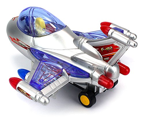Vivid F-182 Jet Battery Operated Bump and Go Toy Plane w/ Flashing Lights, Sounds (Colors May Vary)